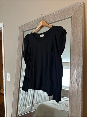 Nation LTD 100% Pima Cotton Black Long Sleeve Puff Shoulder Blouse Size Large